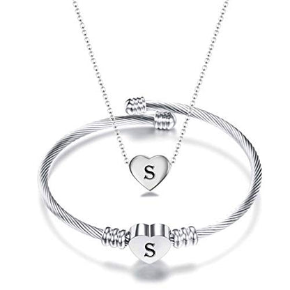 MYNENEY Necklace and Bracelet for Women Stainless Steel Initial Jewelry Set - color: Silver-S