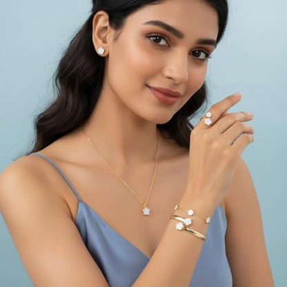 Clover Jewelry Set for Women Non Tarnish Gold-Tone Five Leaf Clover Necklace, Earrings, Ring, Bracelet Fashion Simple Floral Jewelry Set - color: White