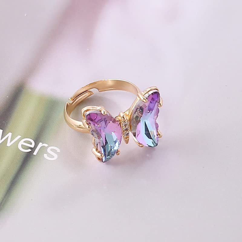 COLORFUL BLING Adjustable Elegant Transparent Crystal 3D Butterfly Rings for Women Aesthetic Gold Plated Cute Animal Insect Open Finger Cuff Ring Birthday Valentine Gifts - color: transparent light purple