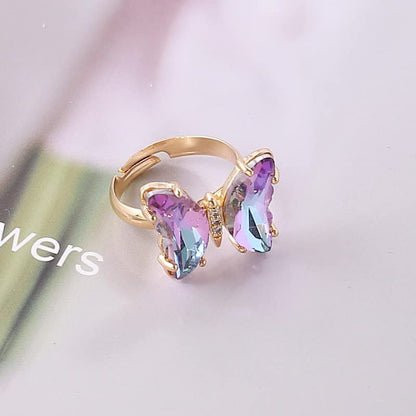 COLORFUL BLING Adjustable Elegant Transparent Crystal 3D Butterfly Rings for Women Aesthetic Gold Plated Cute Animal Insect Open Finger Cuff Ring Birthday Valentine Gifts - color: transparent light purple