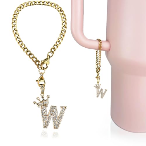 Cup Charms for Stanley Handle- Crown Letter Charms Accessories for Stanley Handle 40 Oz Tumblers Gold Initial Keychain Water Bottle Cup with Diamond Glitter Jewelry Personalized Decorations W - color: Letter W