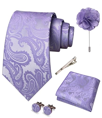 JEMYGINS Mens Paisley Tie and Pocket Square,Lapel Pin,Cufflinks,Tie Clip Sets with Gift Box 5PCS - color: Lavender