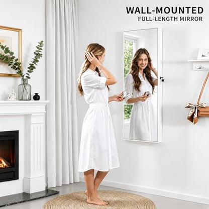 Lockable Jewelry Cabinet Organizer with Full Length Mirror, 6 Auto LED Lights, Wall & Over Door Mount Jewelry Armoire with Earring Slots, Necklace Hooks, Foldable Makeup Shelf - color: White