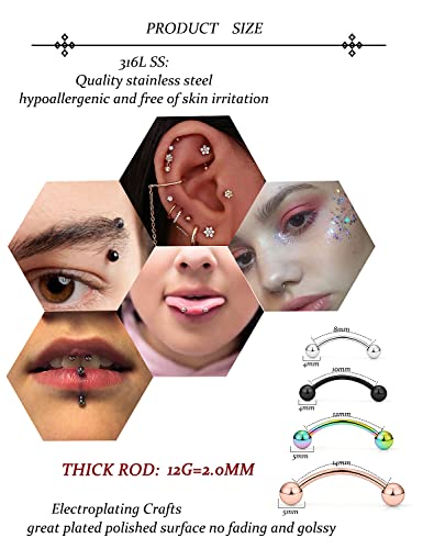 20G 16G 14G 12G Eyebrow Piercing Jewelry Surgical Steel Curved Barbell Eyebrow Ring Vertical Labret Lip Jewelry Rook Daith Earrings Piercing Jewelry for Women Men 6mm 8mm 10mm 12mm 14mm - color: 12G-Mix Color