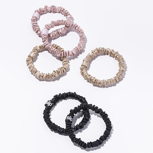 slip Skinny Scrunchies Multi | Set of 6 Pure Silk Skinny Scrunchies | Includes 2 Pink, 2 Caramel, 2 Black | 100% Mulberry Silk, Anti-Crease, Gentle on Hair, Reduces Breakage | Stylish & Durable - color: Black, Pink, Caramel