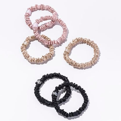 slip Skinny Scrunchies Multi | Set of 6 Pure Silk Skinny Scrunchies | Includes 2 Pink, 2 Caramel, 2 Black | 100% Mulberry Silk, Anti-Crease, Gentle on Hair, Reduces Breakage | Stylish & Durable - color: Black, Pink, Caramel