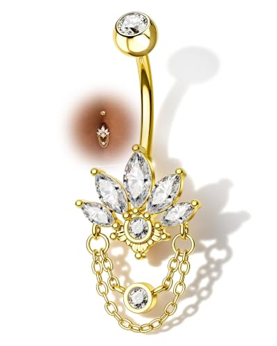 COCHARM 14G Lotus Belly Button Rings Dangle Belly Navel Rings for Women Surgical Steel Navel Piercing jewelry - color: YG-10MM