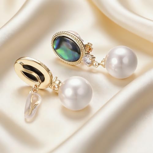 Yoursfs Abalone Shell Pearl Clip On Earrings for Women Colorful Cubic Zirconia Earrings Non Pierced Freshwater Pearl Drop Dangle Earring Trendy Jewelry - style: Abalone Shell Pearl Earrings