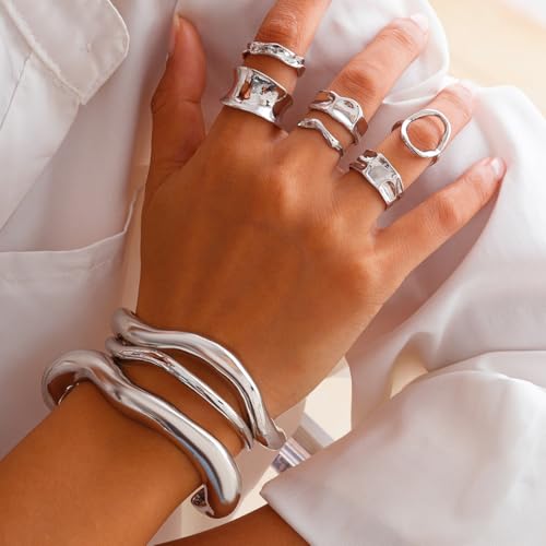 Chunky Gold Bangle Bracelets for Women Trendy Irregular Statement Cuff Bracelets Stack Wide Minimalist 3PCS Bangle Set Jewelry - style: Silver B