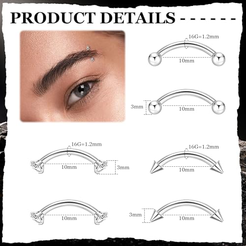 16G G23 Pure Titanium Eyebrow Piercing Jewelry for Women Men Small Curved Barbell Belly Ring Eyebrow Vertical Labret Lip Tongue Ring Rook Helix Conch Daith Earring Piercing Jewelry 6-10MM - color: Silver, size: 10MM-Relatively Long