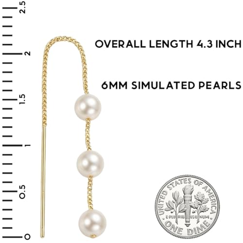 Threader Pearl Earrings for Women - Long Dangle with Simulated Pearls | Plated in Gold Tone or Silver Tone - color: Multi Simulated Pearl - Gold Tone
