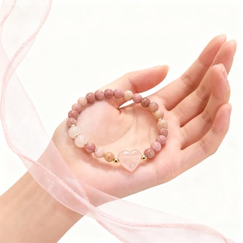 Heart Crystal Bracelet,Natural Gemstone Healing Bead Bracelet | Handmade Jewelry Gifts for Women Men,Graduation Gift for Her - color: Rhodonite Bracelet