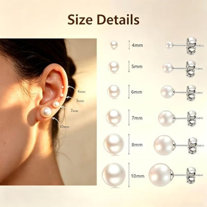 12 Pairs Pearl Stud Earrings for Women | White Pearl CZ Ball Hypoallergenic Earrings, Bridal Simulated Pearl Rhinestone Pearls Stud Earrings Jewelry Set for Wedding - color: Clear