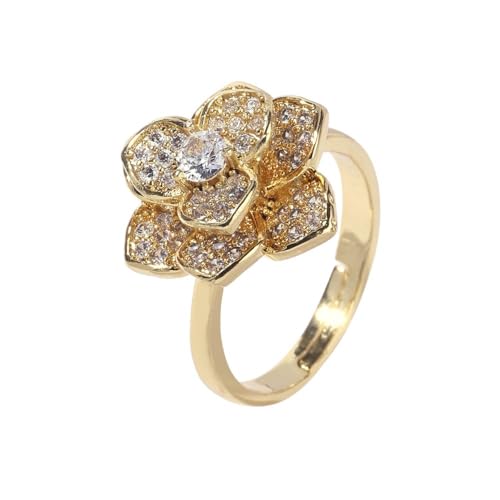 Crystal Rose Flower Spinner Fidget Open Statement Ring for Women CZ Floral Rotated Relief Anxiety Stacking Finger Rings Wedding Engagement Promise Bands Dainty Birthday Jewelry for Adjustable - color: Gold
