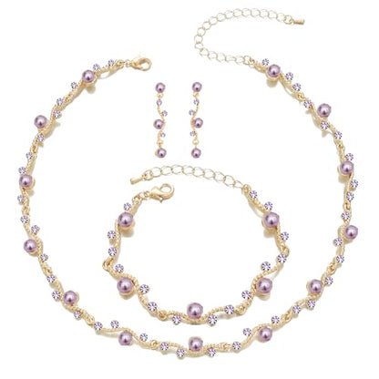 Bridal Pearl Choker Necklace Earrings Bracelet Wedding Crystal Jewelry Set for Women Brides Bridesmaid Prom - color: Violet-Gold Plated