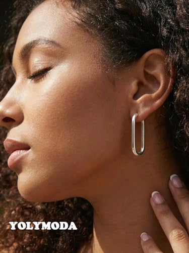 Medium Rectangle Silver Hoop Earrings in Stainless Steel for Women | Hypoallergenic Surgical Steel for Sensitive Ears Unique Lightweight Geometric Paperclip Earrings for Ladies Everyday Wear