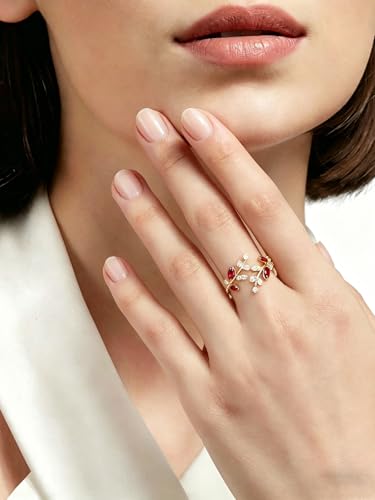 Silver Leaf Ring for Women 925 Sterling Silver Yellow Gold Plated CZ Inlaid Marquise Sapphire/Ruby/Emerald Cocktail Rings Size 6 to 10 - color: Ruby - Gold