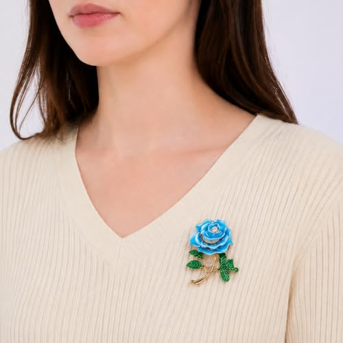 Gradient Purple Rose Flower Brooch Enamel Crystal Floral Lapel Pin Gold Tone Elegant Brooch for Women Suit Coat Scarf Accessory - color: Blue