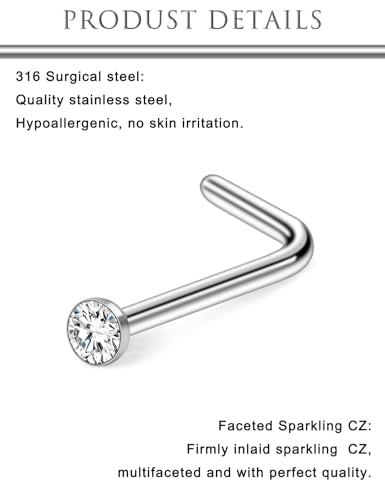 Hoeudjo Nose Studs Surgical Steel Cubic Zirconia Nose Rings Kit for Women Men Tiny Nose Stud Bone & Screw & L Shaped Nostril Piercing Jewelry 18/20/22/24 Gauge 10 Pieces - color: silver-tone,L-shaped nose studs, size: 18g/2mm clear CZ
