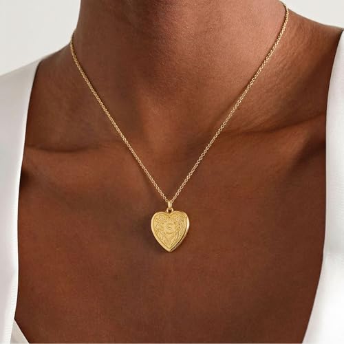 Gold Initial Heart Letter Pendant Necklace Jewelry for Women | 14K Gold Plated Fashion Waterproof Statement Cute Necklaces Dainty Personalized Name Friendship Couple Gifts for Women - color: Initial S