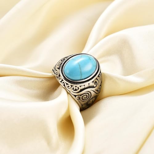 Retro Large Tiger Eye Stone Turquoise Wedding Ring For Men Classical Gothic Stainless Steel Rings - color: Silver-Turquoise2