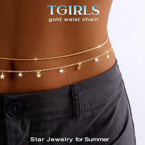 Tgirls Gold Waist Chain for Women Rhinestone Layered Belly Chains Beads Body Chain Heart-Shaped Beach Body Jewelry for Summer - style: Star 1