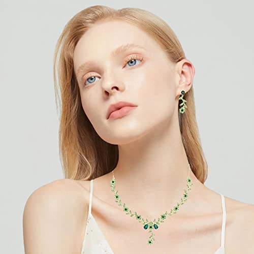 Flower Leaf Crystal Pendant Necklace Dangle Earrings Link Bracelet Bride Bridesmaid Jewelry Sets for Women Wedding Party - color: Emerald-Gold Plated