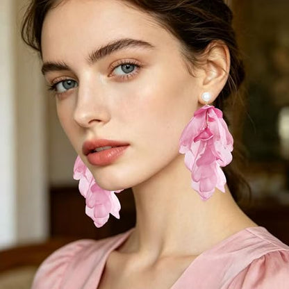 Handmade Bohemian Lightweight Fabric Flower Dangle Drop Earrings Chic Pearl Large Tassel Petal Stud Earrings For Women - color: Pearl Dark Pink