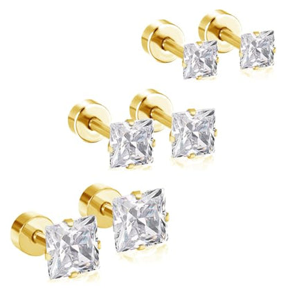 18G Princess Cut Clear Cubic Zirconia Cartilage Small Stud Earrings for Men Women Square Barbell Tragus Helix Screw Sleeper Surgical Steel Flat Back Piercing Studs Hypoallergenic 3 Pairs 3-5mm - color: Gold