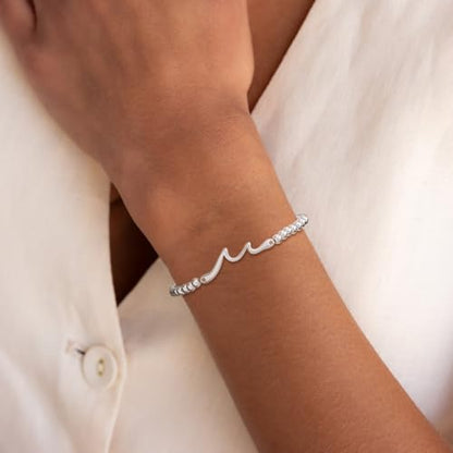 Beaded Bracelets for Women 14K Silver Gold Plated Stretch Handmade Ball Bracelets Cute Charm Bracelet Dainty Stackable Cross Heart Bow Wave CZ Circle Trendy Jewelry Easter Gifts - color: wave-silver