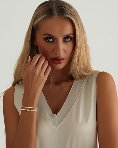 14K Gold Plated Bracelets for Women Dainty Tennis Initial Bracelet Trendy Beaded Stackable Charm Bracelets Layered Waterproof Bracelet Dainty Bracelet for Women Jewelry Gifts - style: K