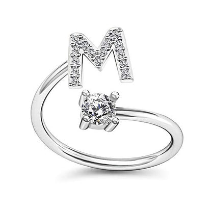 FUTIMELY Initial Letter Ring Alphabet Ring A-Z Silver Crystal Open Adjustable Personalized Initial Ring for Women - style: M