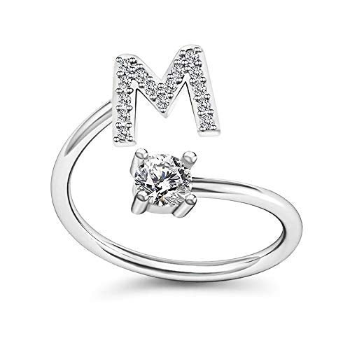 FUTIMELY Initial Letter Ring Alphabet Ring A-Z Silver Crystal Open Adjustable Personalized Initial Ring for Women - style: M