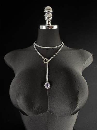 Women's Heart O-Ring Slip Chain Necklace, Double Layered Adjustable 39'' Cuban Chain with Detachable Heart Clasp and Colorful Rhinestone Pendant - color: 39'' Silver-Amethyst Purple