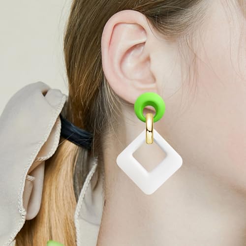 70s 80s Vintage Resin Neon Square Dangle Drop Earrings Simplicity Acrylic Hollow Round Circle Geometry Stud Earrings for Women - style: White Green