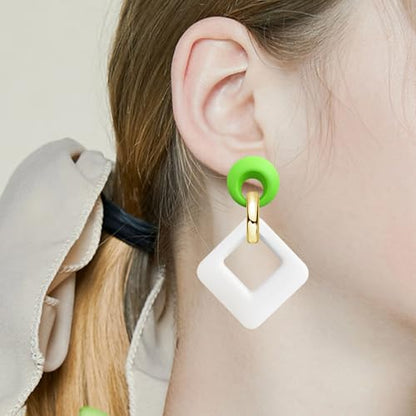 70s 80s Vintage Resin Neon Square Dangle Drop Earrings Simplicity Acrylic Hollow Round Circle Geometry Stud Earrings for Women - style: White Green