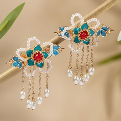 A Pair Wedding Hair Clips, Handmade Floral Design Crystal Hair Clips Pearl Barrettes, Rhinestones Flower Clips Pearl Headpieces Hair Pins Hair Accessories for Women Girls (Blue&White Flower) - color: Blue&White Flower