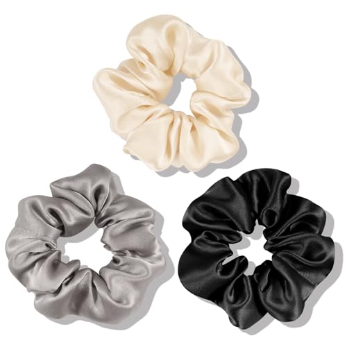 OLESILK 100% Mulberry Silk-Scrunchies for Hair Sleep, Women Grils Silk Hair Ties for Frizz & Breakage Curly Hair, No Damage, Elastics Ponytail Holder, 3 Pack - color: 3pcs, Black-Light Champagne-Grey
