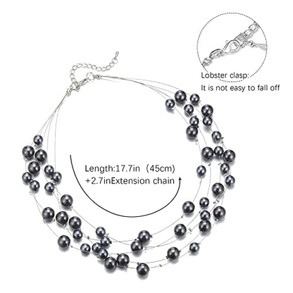FULU AUTUMN Layered Pearl Necklace Multi-strand Pearl Choker Necklaces for Women Beaded jewelry for Wedding Parties - color: Dark grey