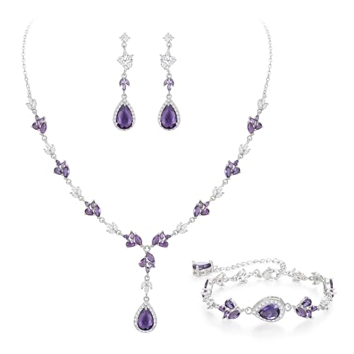 Teardrop Marquise Cubic Zirconia Wedding Prom Jewelry Set for Women Bridal | Silver/Gold/Rose Gold Plated, Pear Cut Pendant Necklace Drop Earrings Link Bracelet, for Bride Bridesmaid, for Banquet Party - style: A_Three Set, Purple