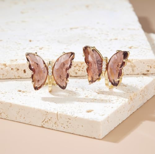 YOQUCOL Butterfly Shape Crystal Clip On Earrings Non Pierced Golden Stud for Women - color: Brown