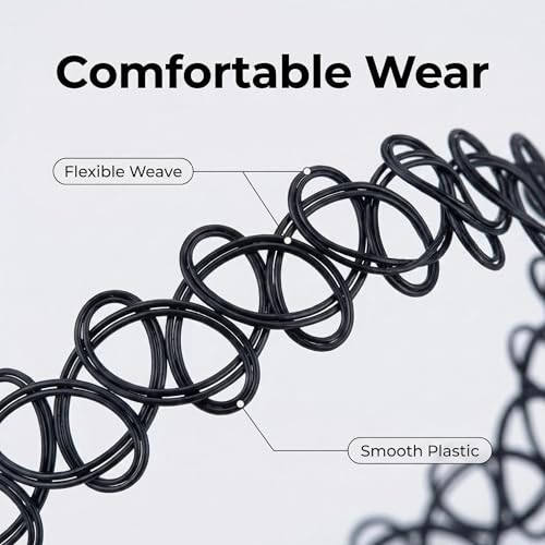 12PC Tattoo Choker Necklace Set- 90s Accessories 2000s Jewelry Fashion- Rainbow Goth Black White Blue Green Pink - Adjustable Stretchy Elastic Necklace for Women - color: black-9p