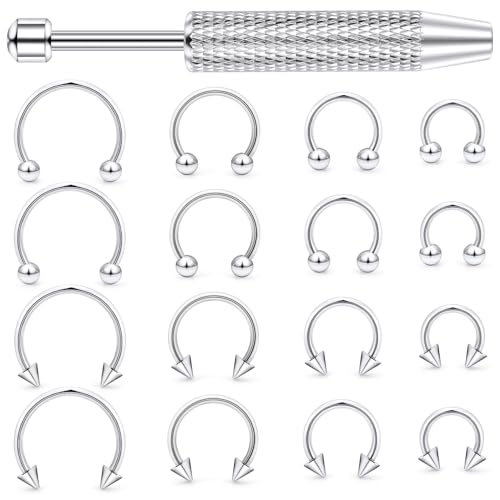 Hoeudjo 16G Horseshoe Septum Rings with Ball Grabber Tool Hypoallergenic Surgical Steel Septum Piercing Jewelry Lip Rings for Women Men Diameter 6mm 8mm 10mm 12mm - color: silvertone