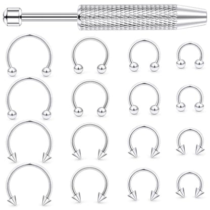 Hoeudjo 16G Horseshoe Septum Rings with Ball Grabber Tool Hypoallergenic Surgical Steel Septum Piercing Jewelry Lip Rings for Women Men Diameter 6mm 8mm 10mm 12mm - color: silvertone