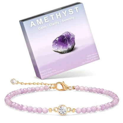Raicegs Anklets for Women Handmade Beach Boho Ankle Bracelet 3mm Natural Stone Beaded Ankle Bracelet 14K Gold Plated Zircon Pendant Adjustable Crystal Gemstone Anklet Jewelry Gift for Her - color: Amethyst