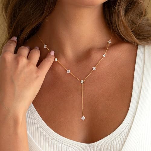 Long Gold Necklace For Women,Dainty Lariat Y Necklace 14K Gold Plated Cute Cubic Zirconia Lariat Necklaces Trendy Simple Statement Rhinestone Choker Necklaces Summer Jewelry - color: Gold-style 1