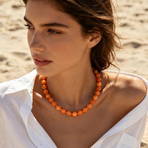 Colorful Beaded Necklace for Women Boho Statement Chunky Necklace Natural Stone Beads Gemstone Choker Necklaces Handmade Summer Beach Jewelry - color: Orange