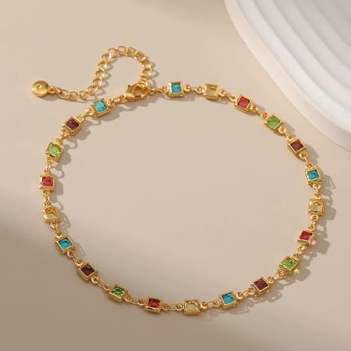 Ankle Bracelets for Women 18K Gold Plated Anklet for Women Gold Charm Anklet Waterproof Summer Beach Foot Chain Jewelry Gifts - style: square colorful cubic zirconia