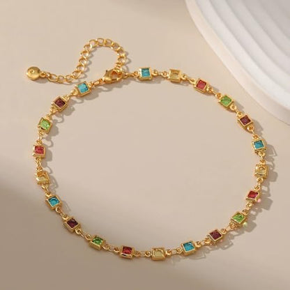 Ankle Bracelets for Women 18K Gold Plated Anklet for Women Gold Charm Anklet Waterproof Summer Beach Foot Chain Jewelry Gifts - style: square colorful cubic zirconia