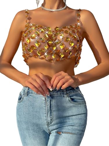 Rhinestones Body Chain Suit Silver Crystal Bikini Bra Underwear Sexy Sparkly Party Body Jewelry Accessories for Women - color: Gold